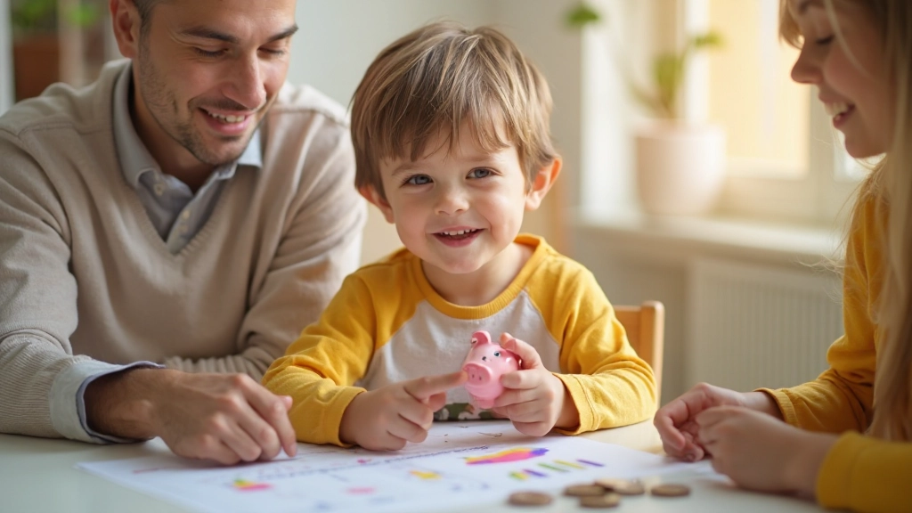 Ребёнок с улыбкой держит копилку с монетами, обучаясь сбережениям