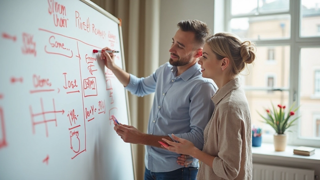 Молодая пара составляет финансовый план на доске с цветными маркерами