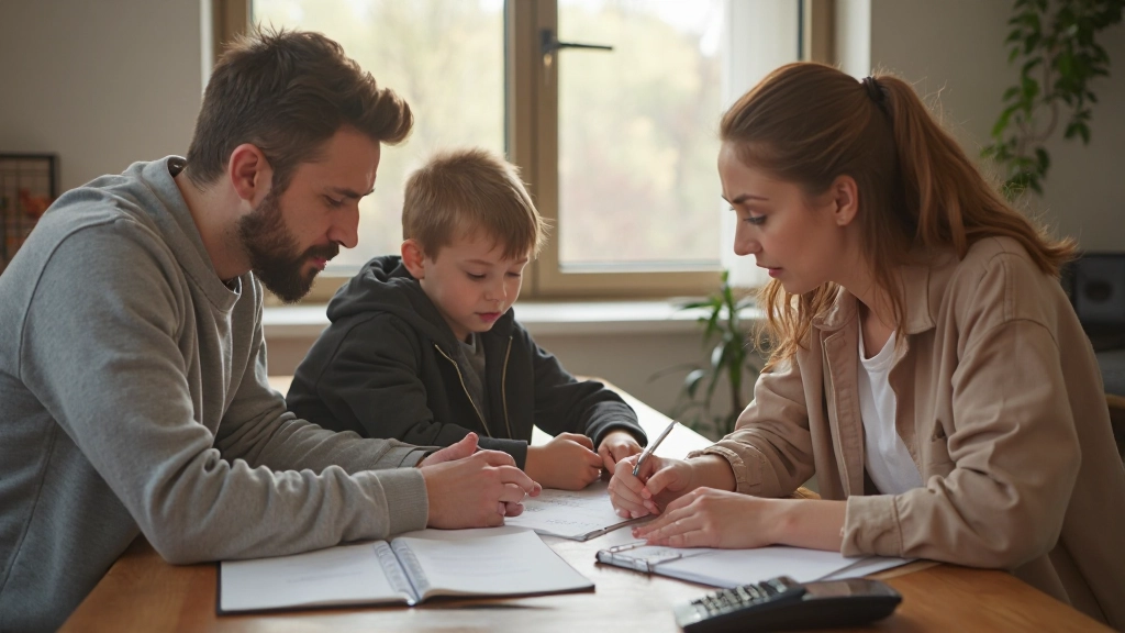 Семья планирует семейный бюджет за столом с документами и калькулятором