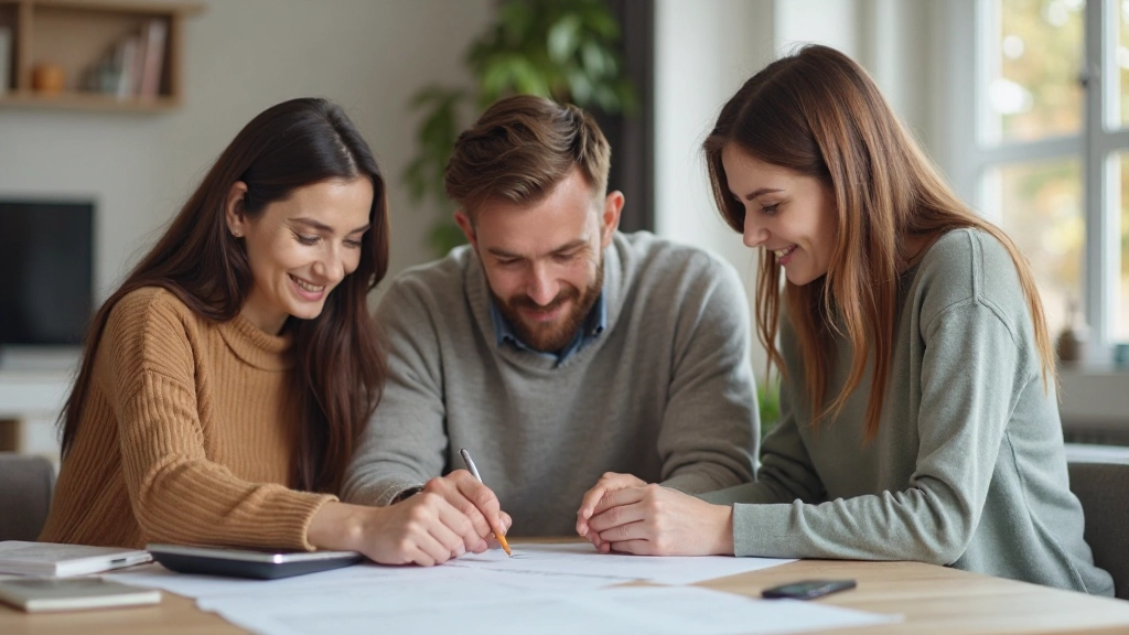 Семья планирует крупные расходы за столом с документами и калькулятором