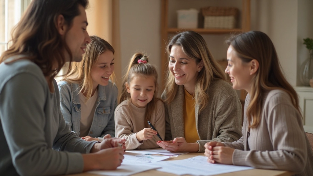 Семейная встреча за столом обсуждает финансовые планы и цели