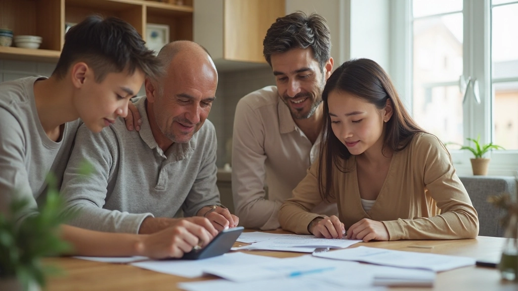 Семейное совещание по планированию бюджета с документами и калькулятором на столе