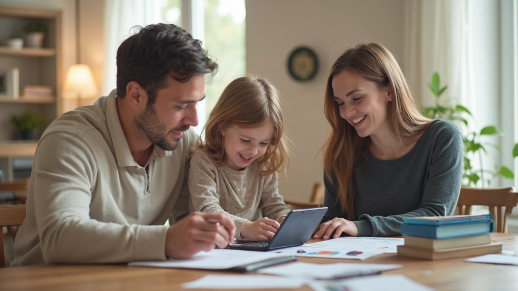 Семейное совещание по планированию бюджета с документами и калькулятором на столе
