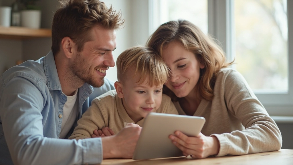 Семья использует приложение на планшете для отслеживания семейного бюджета и расходов