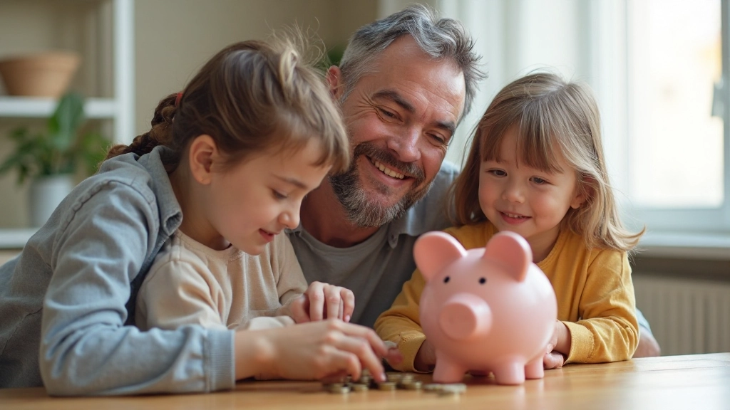 Отец и дети считают монеты в копилке для совместного сбережения