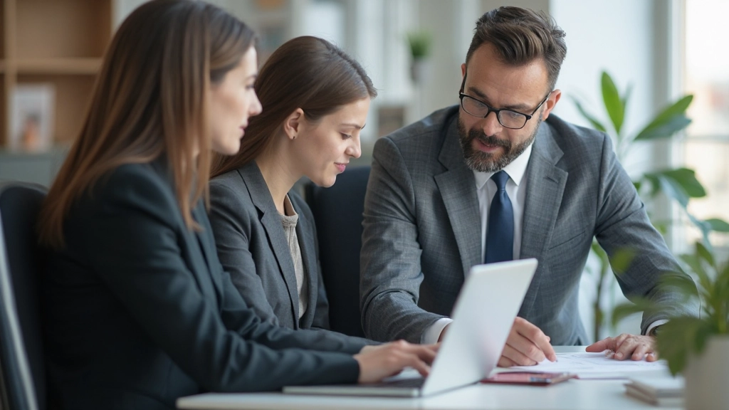 Финансовый консультант показывает клиентам инвестиционный портфель на мониторе