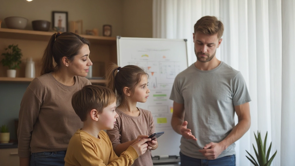 Родители и дети обсуждают финансовые цели около доски с графиками