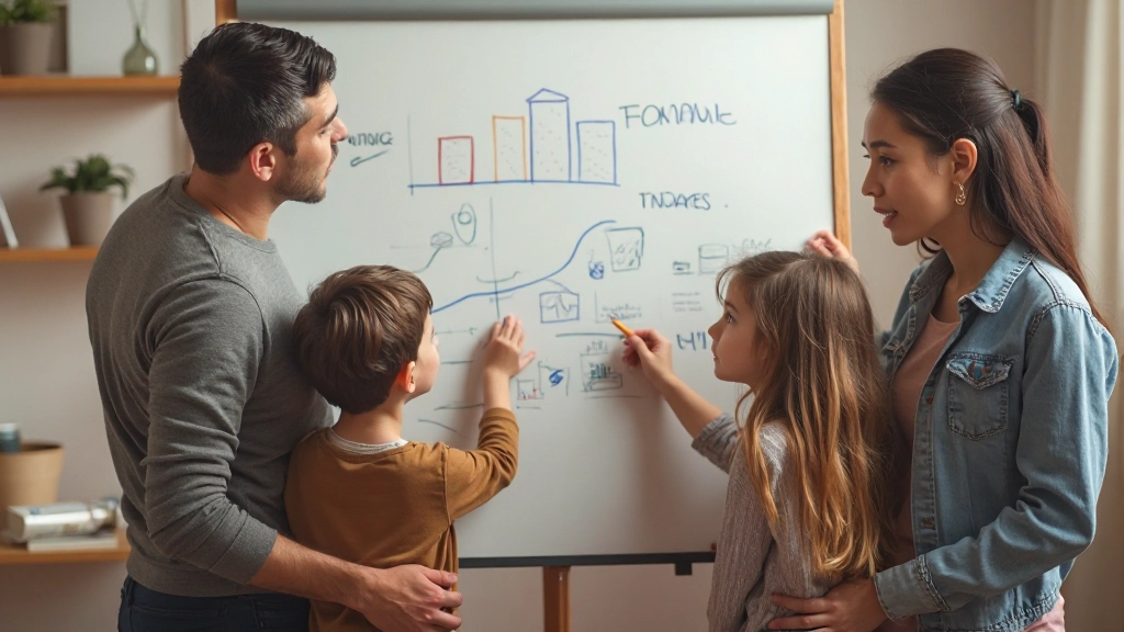 Родители и дети обсуждают финансовые цели около доски с графиками