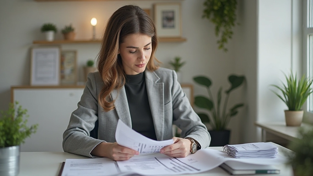 Женщина анализирует семейный бюджет с графиками и таблицами расходов